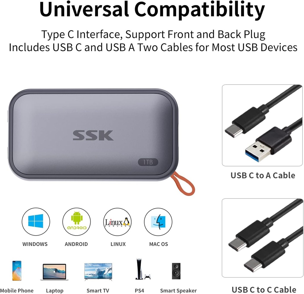 SSK Unidades de estado sólido externas SSD portátiles de 1 TB, hasta 1050 MB/s USB C SSD Disco duro externo USB 3.2 Gen2 para iPhone 15/Pro, Windows, Mac, teléfonos Android y tabletas