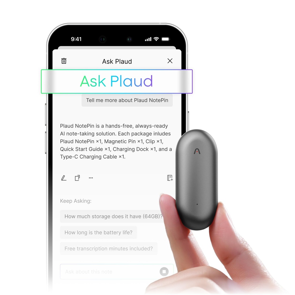 Grabadora de voz AI, grabadora de voz PLAUD NotePin, control de aplicaciones, toma de notas AI, soporte de transcripción y resumen de IA en 112 idiomas, memoria de 64 GB, grabadora de audio para