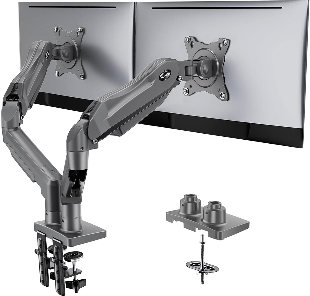 HUANUO - Soporte de escritorio para monitor doble, completamente ajustable para pantallas de computadora de 13–32", soporte VESA de movimiento completo 75x75/100x100 con abrazadera en C y base de