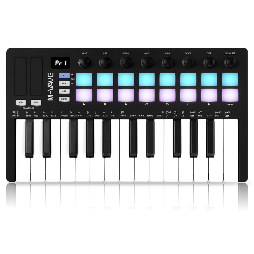 M-VAVE Controlador de teclado MIDI USB de 25 teclas con 8 almohadillas retroiluminadas, teclado dinámico profesional semiponderado Bluetooth, 8 perillas y producción de música, software incluido