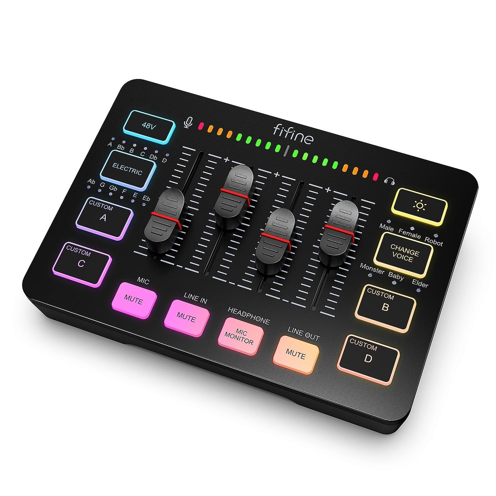 Mezclador de audio FIFINE para juegos, streaming con interfaz de micrófono XL Ralimentación fantasma de 48 V,
