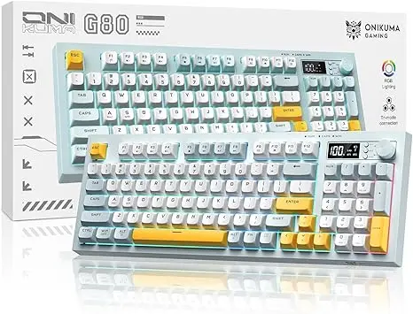ONIKUMA G80Membrana cremosa de teclado inalámbrico con retroiluminación arcoíris, conectividad de 3 modos (BT/2.4G/USB-C) con pantalla LCD y perilla multifunción, batería de 200 horas
