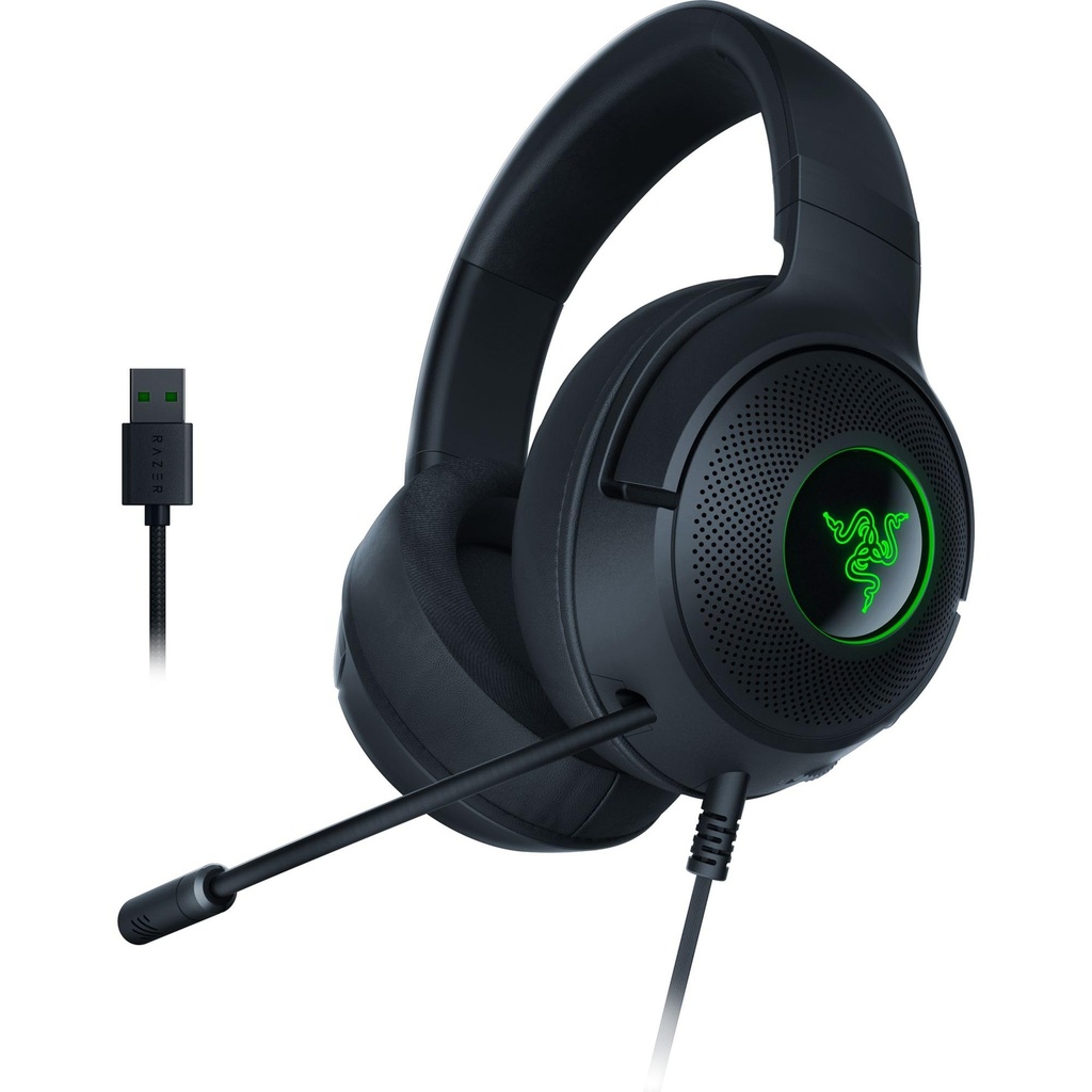 Razer Kraken V3 X Auriculares USB con cable para juegos: construcción ligera, controladores Triforce de 1.575 in, micrófono cardioide HyperClear, sonido envolvente 7.1, iluminación Chroma RGB, color