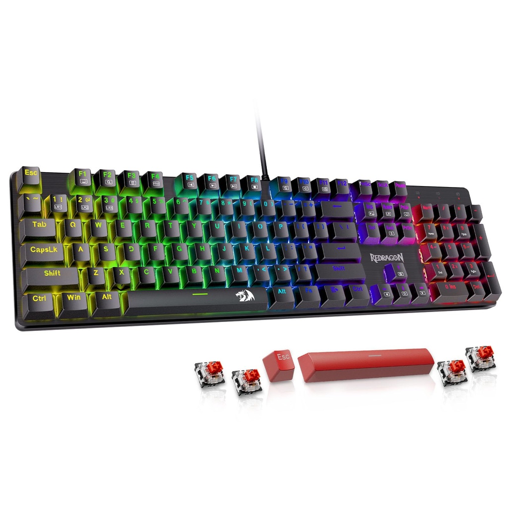 Redragon Teclado mecánico para juegos con cable, 11 modos retroiluminados programables, interruptor rojo (SINDRI)