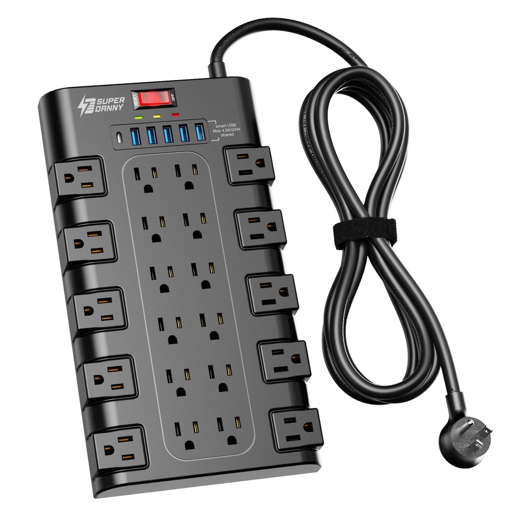 Regleta Power Strip, SUPERDANNY Surge Protector with 22 AC Outlets and 6 USB Charging Ports, 1875W/15A, 2100 Joules, 6.5Ft Flat