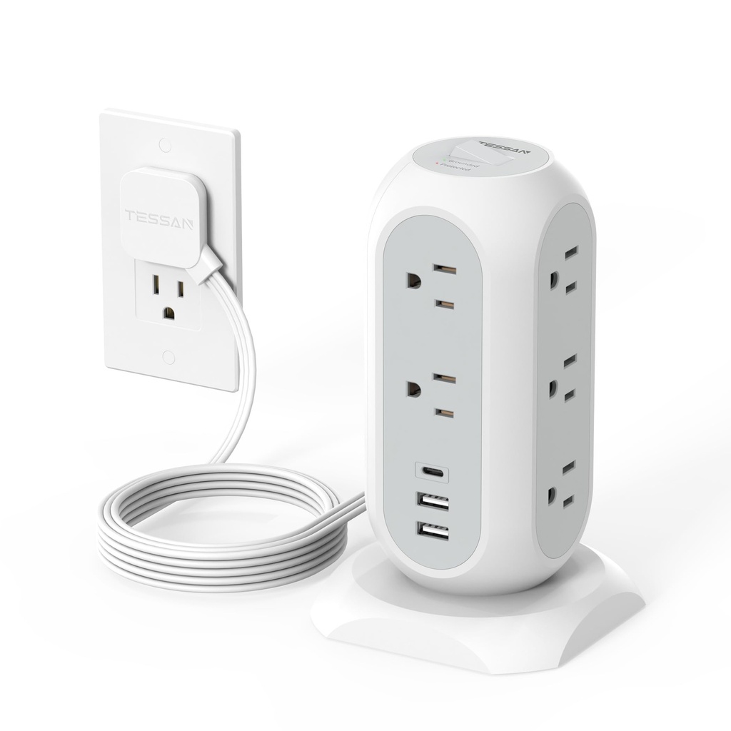 Regleta de alimentación de torre con enchufe plano con 11 tomacorrientes, 3 USB (1 USB C), torre protectora contra sobretensiones TESSAN 1625W/13A, protección 1050J, cable de extensión de 6 pies con
