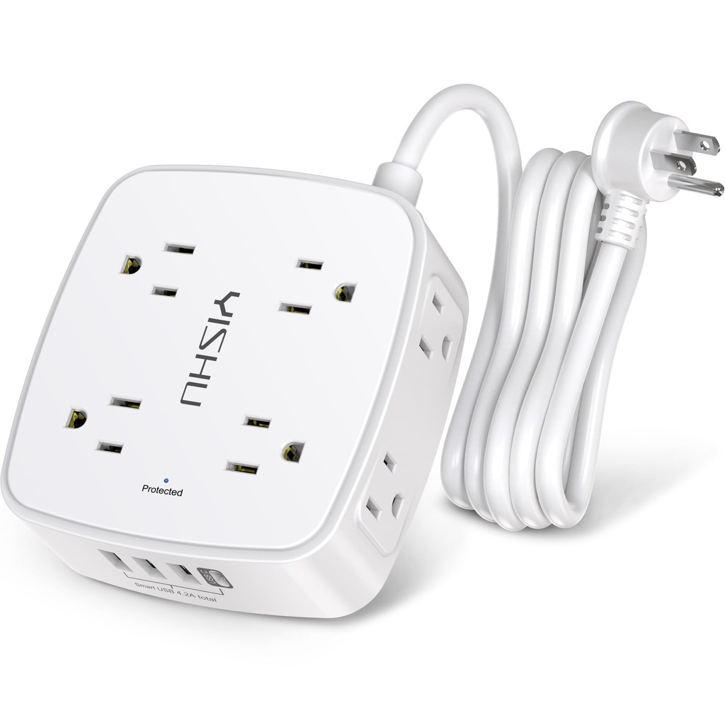 Regleta protectora de sobretensiones de 6 pies, 8 tomas amplias con 4 puertos USB, extensor de salida de 3 lados con cable de extensión de 6 pies