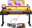 AODK Escritorio eléctrico de pie con cajones y bandeja para teclado, escritorio de juegos ajustable de altura de 55 pulgadas con tomas de corriente y luces LED, mesa de pie con soporte para monitor 