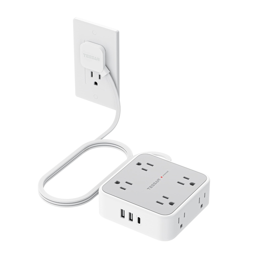 TESSAN - Tira de alimentación con protector de sobretensión, cable de extensión de enchufe plano de 5 pies con 3 USB (1 USB C) 8 salidas, 1250W, protección de 900J, extensor de salidas de 3 lados con