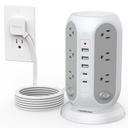 TESSAN Regleta de alimentación de torre con interruptores individuales, protector de sobretensiones con 12 tomas, 5 puertos USB (2 USB C), cable de extensión plano de 10 pies, 1250 W, estación de