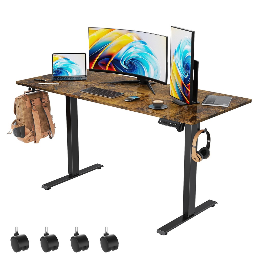 VVENACE Escritorio eléctrico de pie de 55 x 24 pulgadas, altura ajustable con 4 ruedas, 4 ajustes de altura de memoria, 2 ganchos para auriculares, para oficina en casa, tablero de empalme marrón