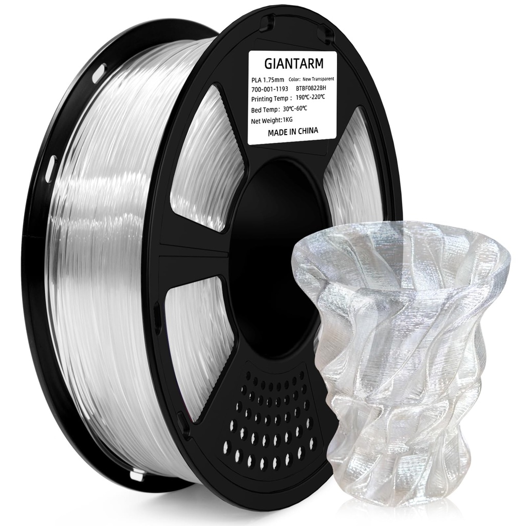 GIANTARM Filamento de ácido poliláctico transparente, carrete de 1.75mm de PLA transparente de 1kg (2.2lbs), filamento para impresora 3D con embalaje al vacío color Pla 