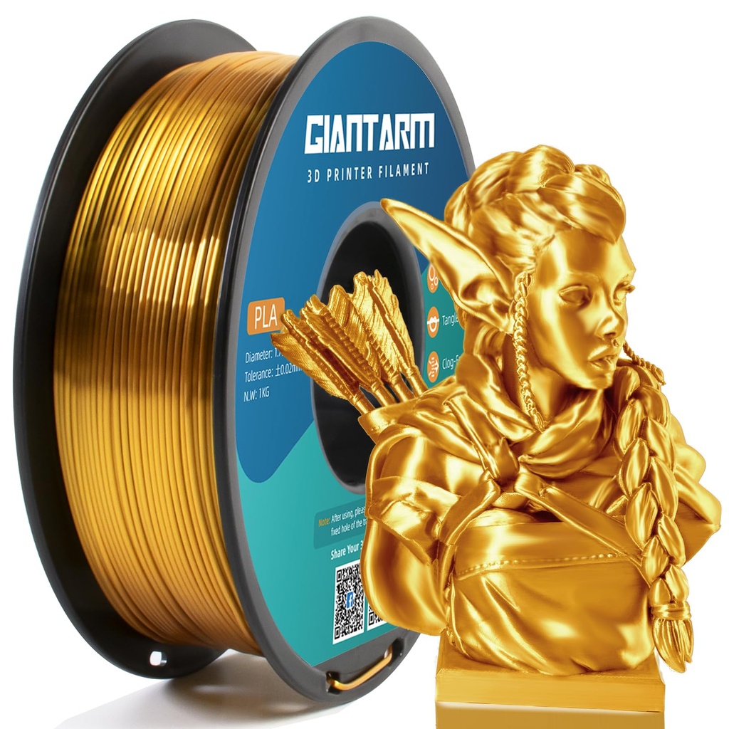 GIANTARM Filamento para impresora 3D, filamento PLA de seda dorada, carrete de 1Kg (2.2lbs), precisión dimensional de 1.75mm +/- 0.03mm, filamento para impresión 3D Color oro 