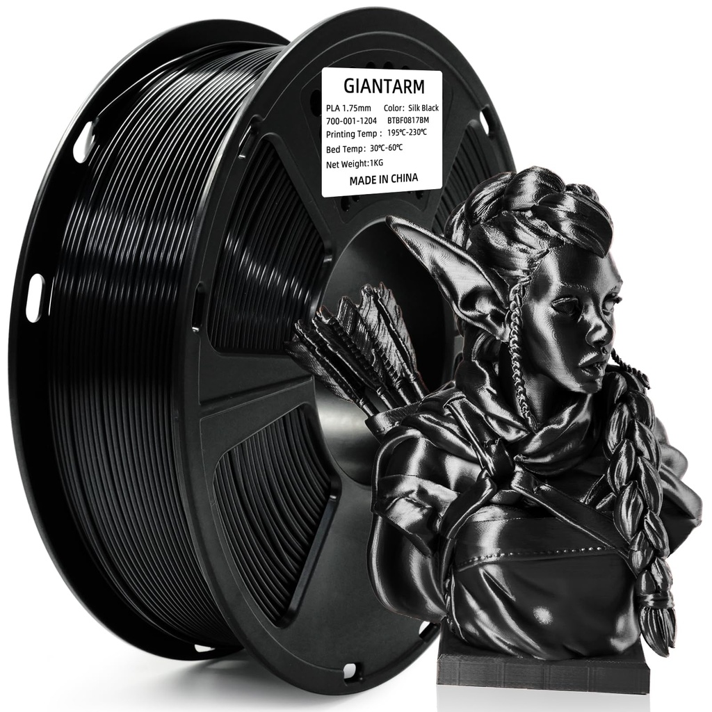 GIANTARM Filamento PLA para impresora 3D de 2.2 lbs, filamento mejorado de dureza color seda negra brillante de 1.75mm con precisión dimensional de +/-0.03mm, embalaje al vacío, 1080 pies por rollo, para la mayoría de impresoras 3D FDM 
