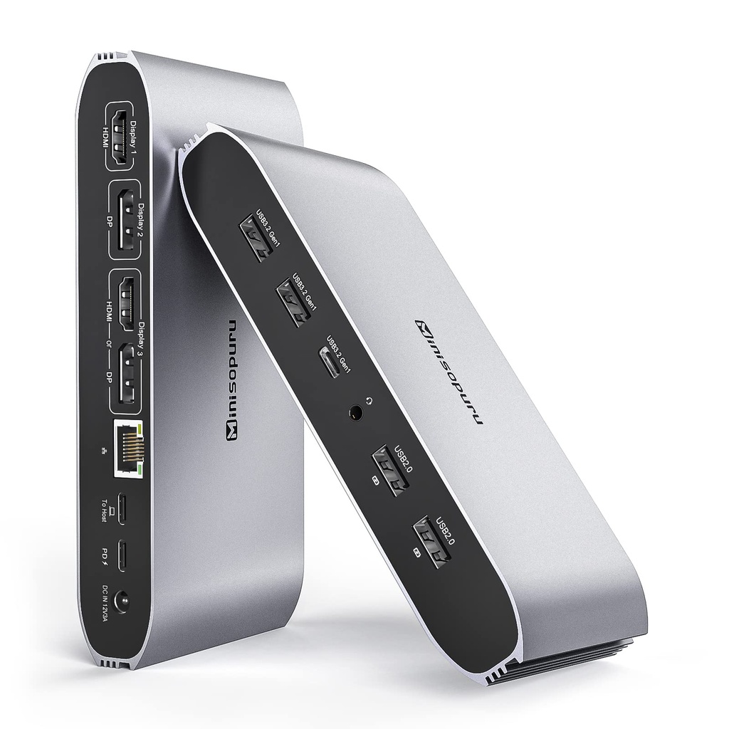 Estación de acoplamiento de triple visualización Minisopuru Displaylink para MacBook M1/M2/M3/M4/Windows, estación de acoplamiento DisplayLink con 2 HDMI y 2 DisplayPort, carga de 100W, datos USB-C