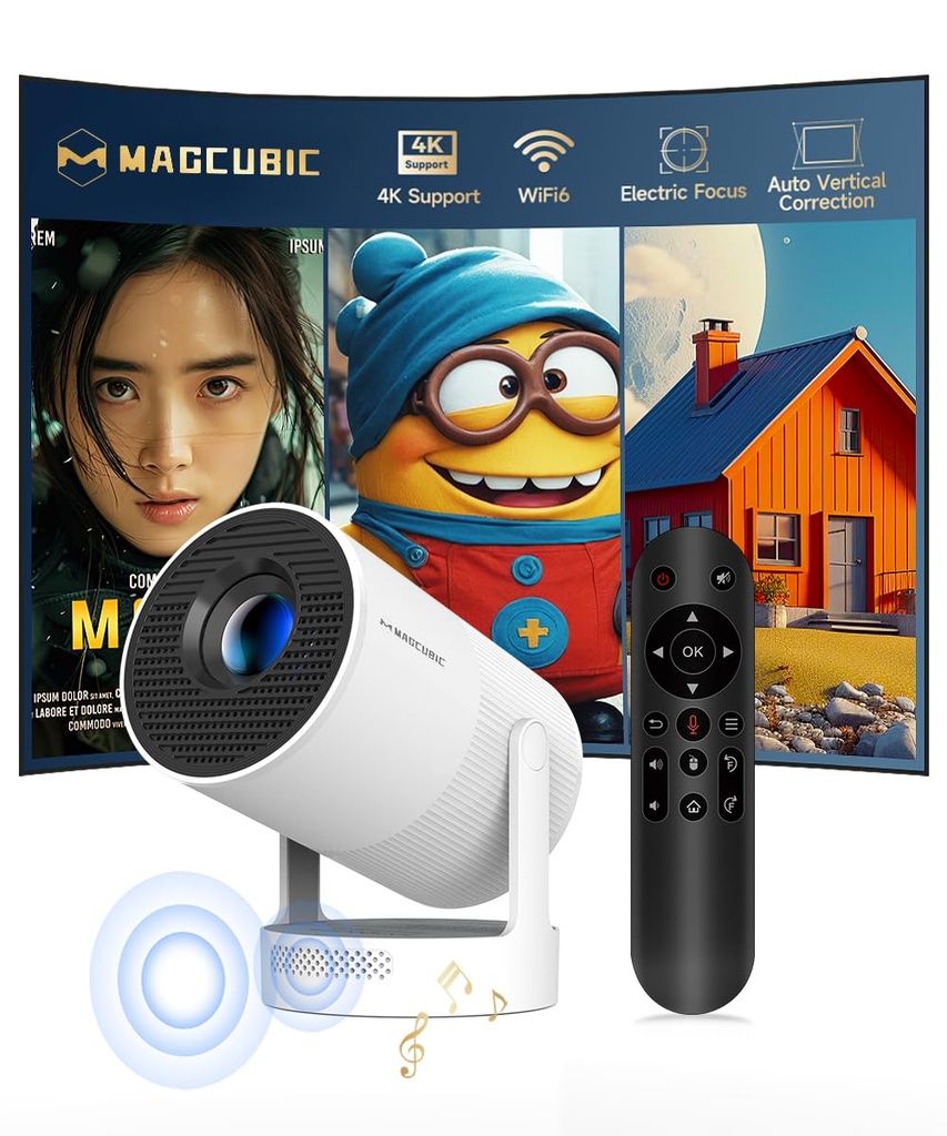 Mini proyector Magcubic compatible con 4K, proyector portátil con WiFi 6 y Bluetooth 5.4, proyector inteligente, altavoz base sonora de 5 W, rotación de 180° para cine en casa