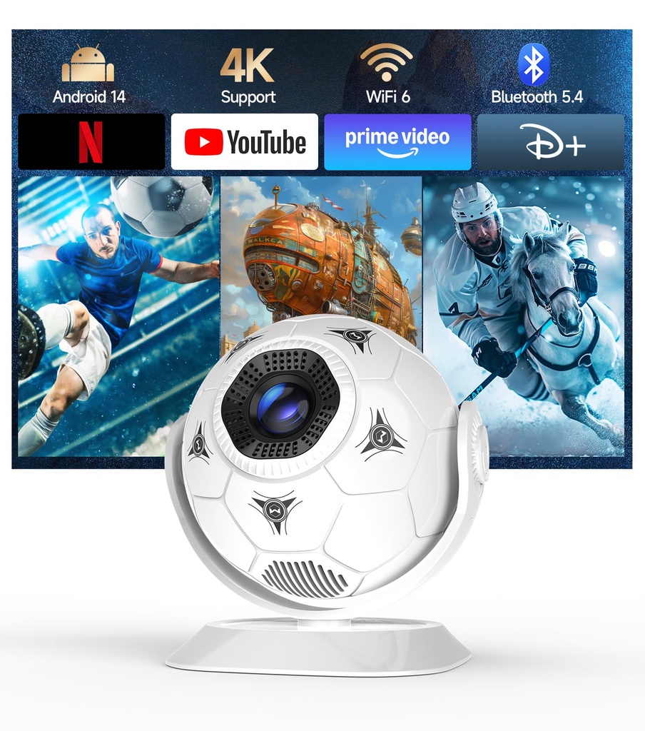 Magcubic Mini proyector con temática de fútbol 2026, proyector portátil con WiFi 6 y Bluetooth 5.4, soporte 4K, Keystone automático, rotación de 180°, proyector inteligente Android 14 para cine