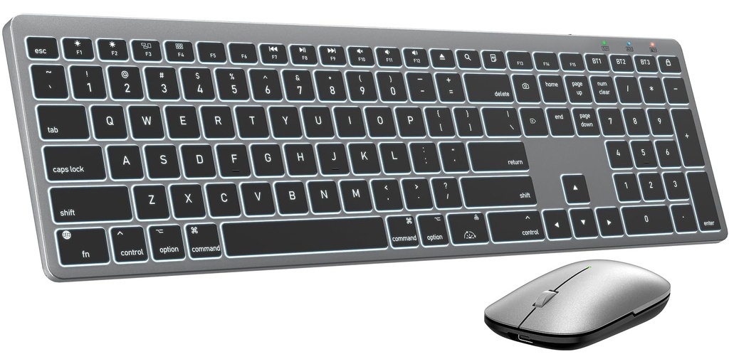 SABLUTE Teclado y mouse Bluetooth para Mac: retroiluminación de 7 colores, multidispositivo, recargable, KMA1pro combo de teclado inalámbrico de tamaño completo con teclas silenciosas de interruptor 