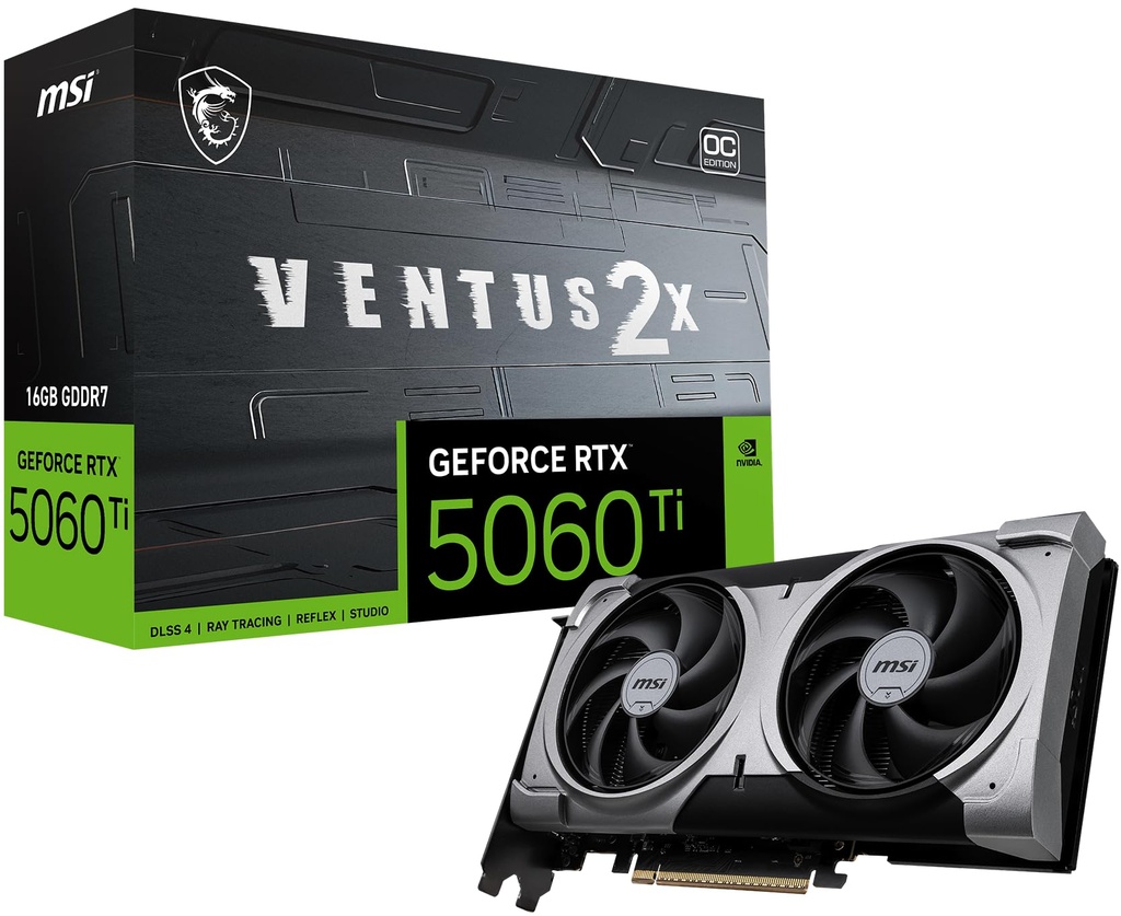MSI Gaming RTX 5060 Ti 16G Ventus 2X OC Plus Tarjeta gráfica (16GB GDDR7, 128 bits, Rendimiento extremo: TBA MHz, DisplayPort x 3 2.1a, HDMI 2.1b, Arquitectura NVIDIA Blackwell) 