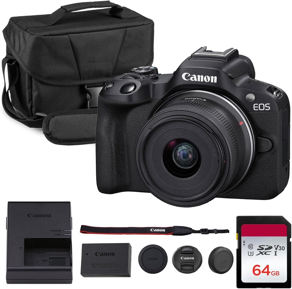 Canon Kit de cámara sin espejo EOS R50 - Cámara APS-C RF con lente de 0.709-1.772 in, video 4K, AF II de doble píxel y pantalla táctil de ángulo variable (5811C012) + bolsa de hombro + tarjeta de memoria de 64 GB