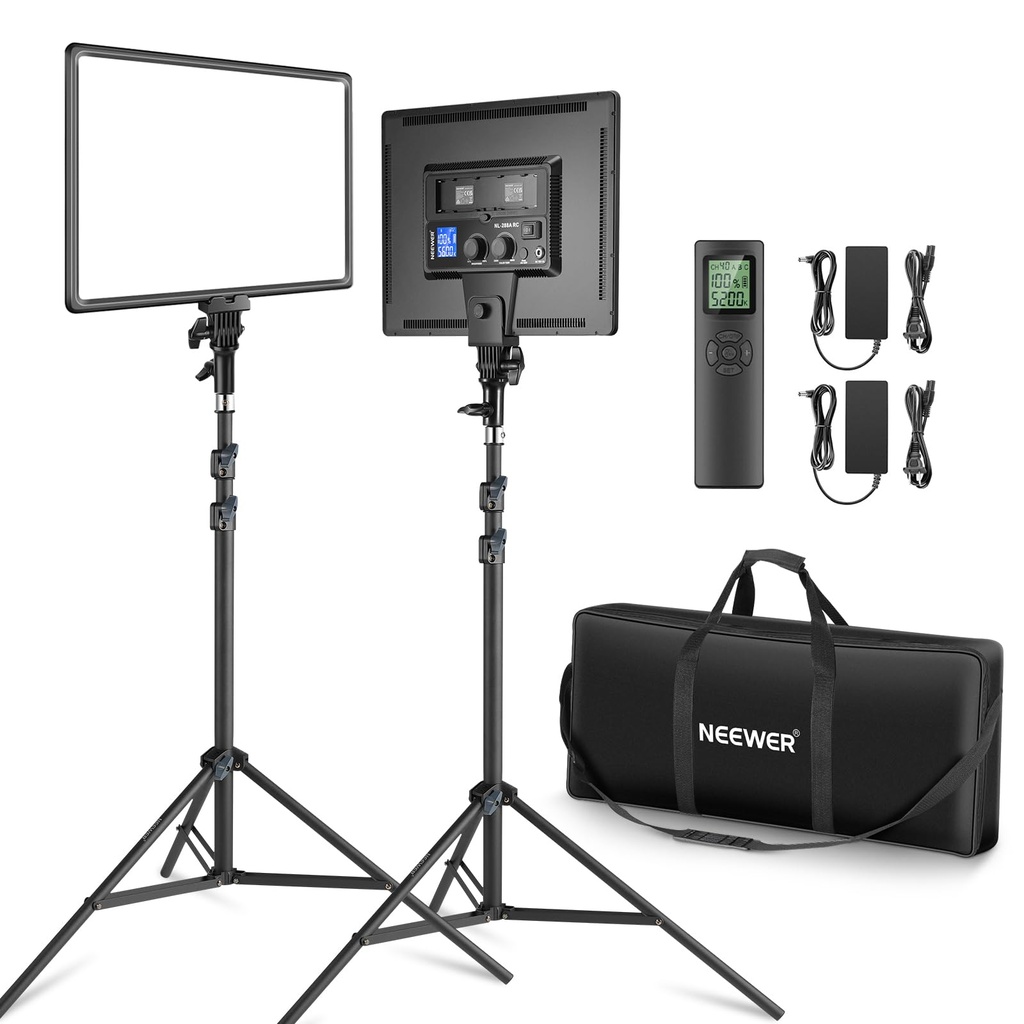 Neewer Kit de iluminación LED de 18 pulgadas con panel de luz de video con control remoto, paquete de 2 unidades de 45 W regulable bicolor + soporte de trípode, luz suave CRI 97+ 4800Lux para juegos