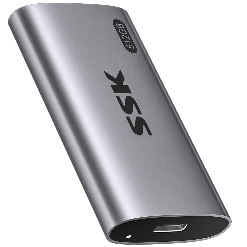 SSK 512GB SSD Disco Duro Externo, SSD Portátil Hasta 550MB/s Unidades de Estado Sólido Externas, USB 3.2 Gen2 para iPhone 15/16 Pro, Win, Mac, Android con Luz LED, Trim, Soporte Inteligente 
