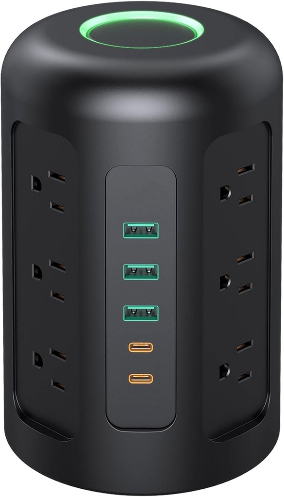 Regleta en Torre/Extensión de Alimentacion - Protector de sobretensiones 1500J - 12 Tomas CA + 3 USB Tipo A + 2 USB Tipo C - (HOYOKI)
