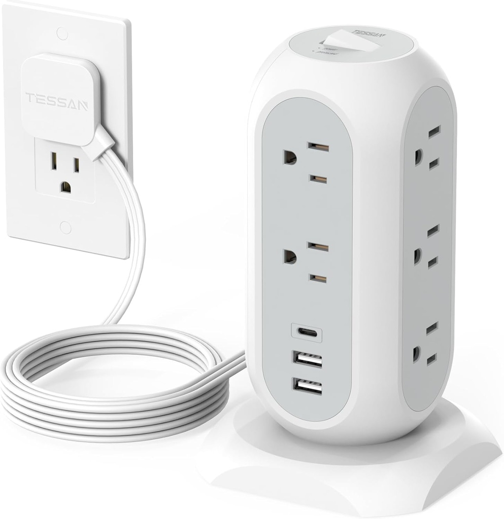 Regleta de alimentación de torre con enchufe plano con 11 tomacorrientes, 3 USB (1 USB C), torre protectora contra sobretensiones TESSAN 1625W/13A, protección 1050J, cable de extensión de 6 pies con