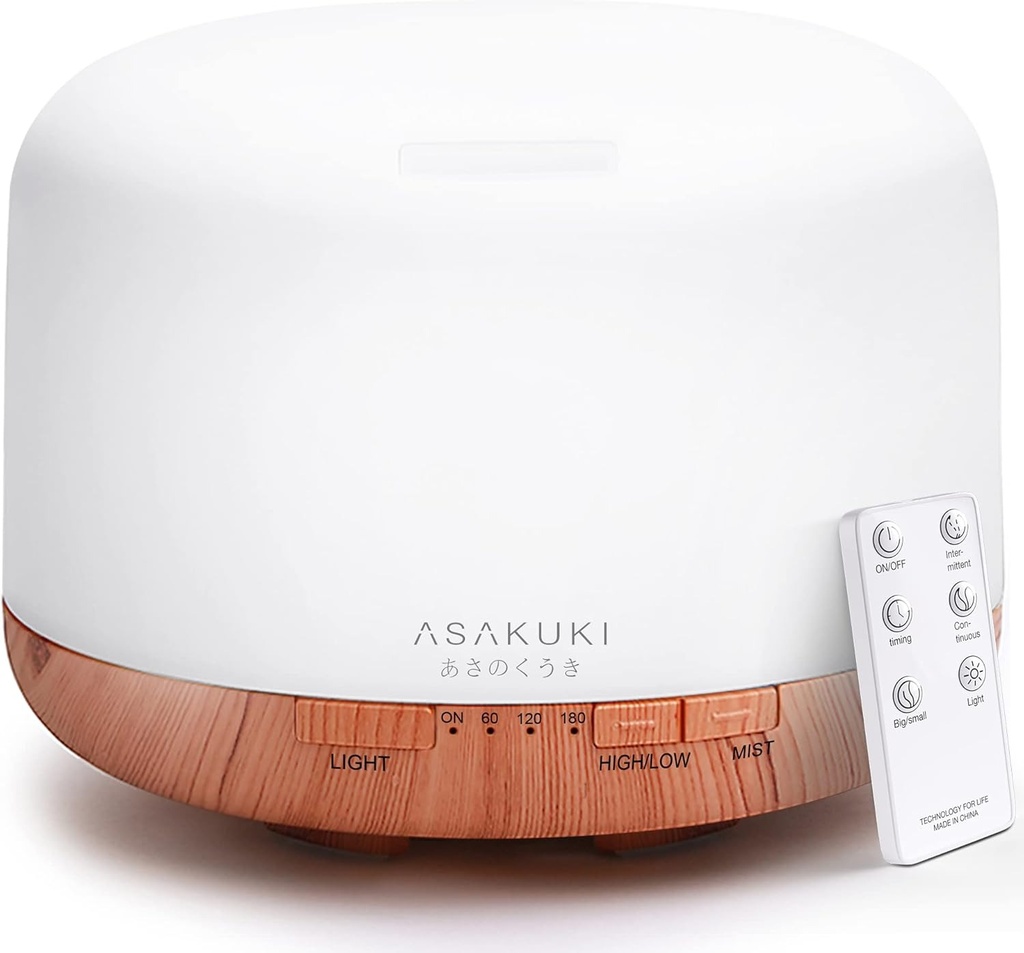 ASAKUKI - Difusor de aceites esenciales con control remoto, vaporizador humidificador ultrasónico, para aromaterapia, temporizador e interruptor de seguridad de apagado automático, marrón, 16.9 fl oz