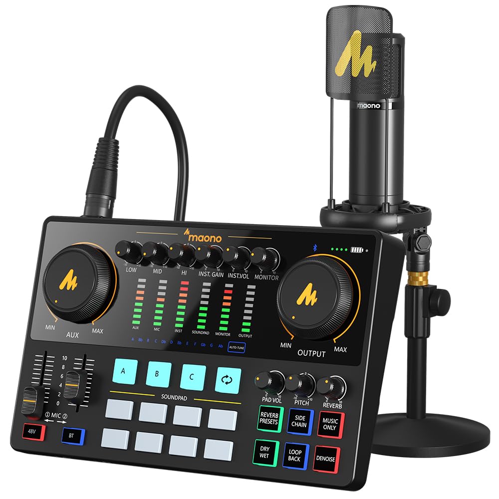 MAONO Paquete de equipo de podcast con interfaz de audio y micrófono de condensador XLR, MaonoCaster con alimentación fantasma de 48 V, Bluetooth para podcast, transmisión, voz en off, youtube, PC 