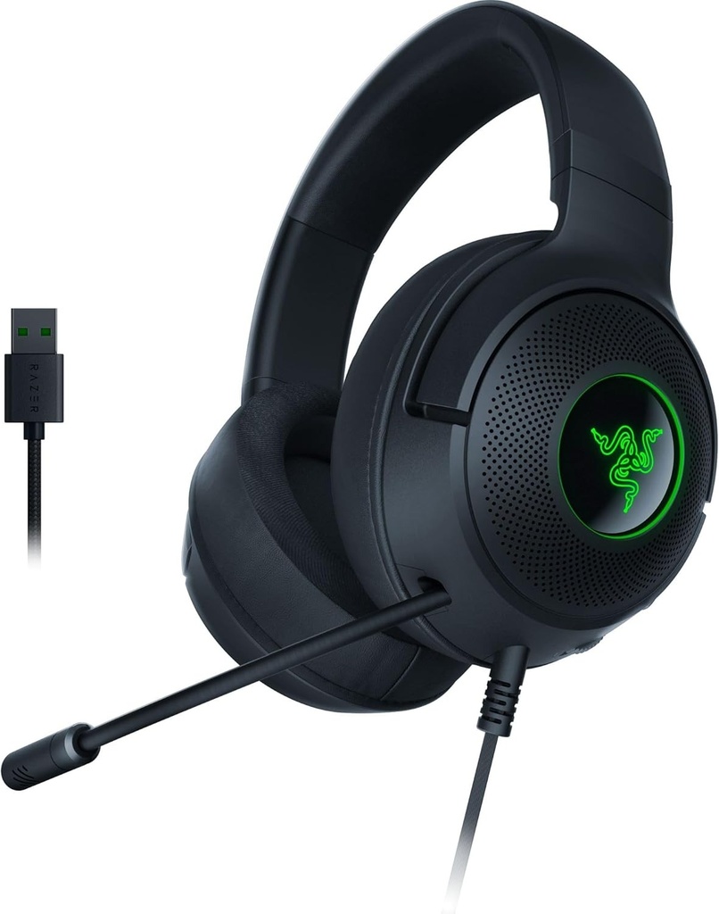 Razer Kraken V3 X Auriculares USB con cable para juegos: construcción ligera, controladores Triforce de 1.575 in, micrófono cardioide HyperClear, sonido envolvente 7.1, iluminación Chroma RGB, color