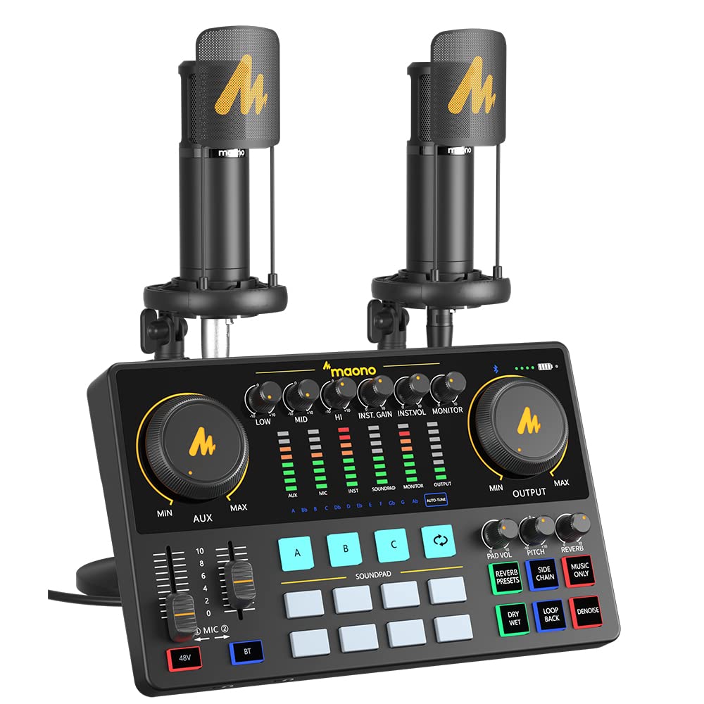 MAONO-MaonoCaster-Paquete de equipo para pódcast para 2-incluye interfaz de audio todo en uno con preamplificador de micrófono premium, micrófono de condensador XLR y micrófono de 3,5 mm para