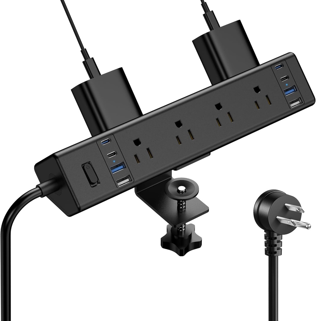Estación de carga rápida de 40 W, regleta de alimentación con abrazadera de escritorio 20 W USB C, 8 tomacorrientes, 8 puertos USB, 4 USB C y 4 USB A, muebles de oficina, mesita de noche, protector de