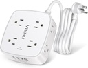 Regleta protectora de sobretensiones de 6 pies, 8 tomas amplias con 4 puertos USB, extensor de salida de 3 lados con cable de extensión de 6 pies