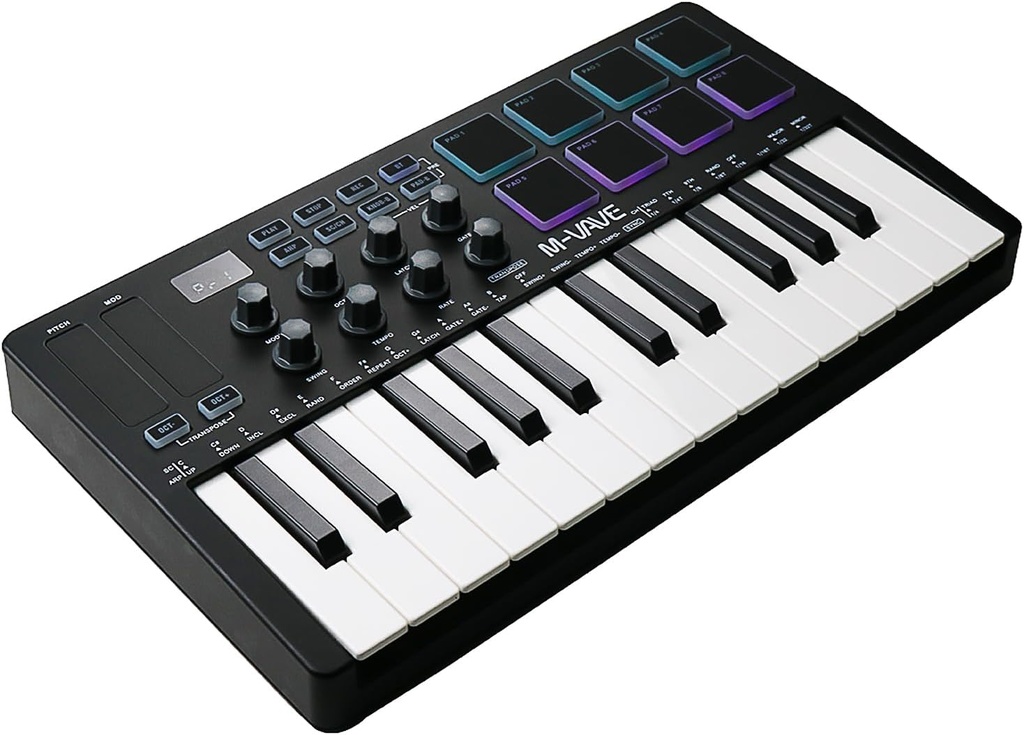 M-VAVE Controlador de teclado MIDI USB de 25 teclas con 8 almohadillas retroiluminadas, teclado dinámico profesional semiponderado Bluetooth, 8 perillas y producción de música, software incluido