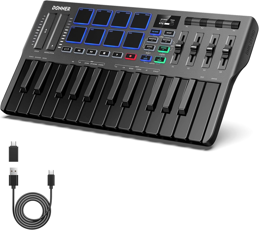 Donner Controlador de teclado MIDI USB-C, mini teclado MIDI portátil de 25 teclas con 8 almohadillas de batería, pantalla OLED, 16 básculas inteligentes, arpegio, reproducción, software de 4 DAW y 40