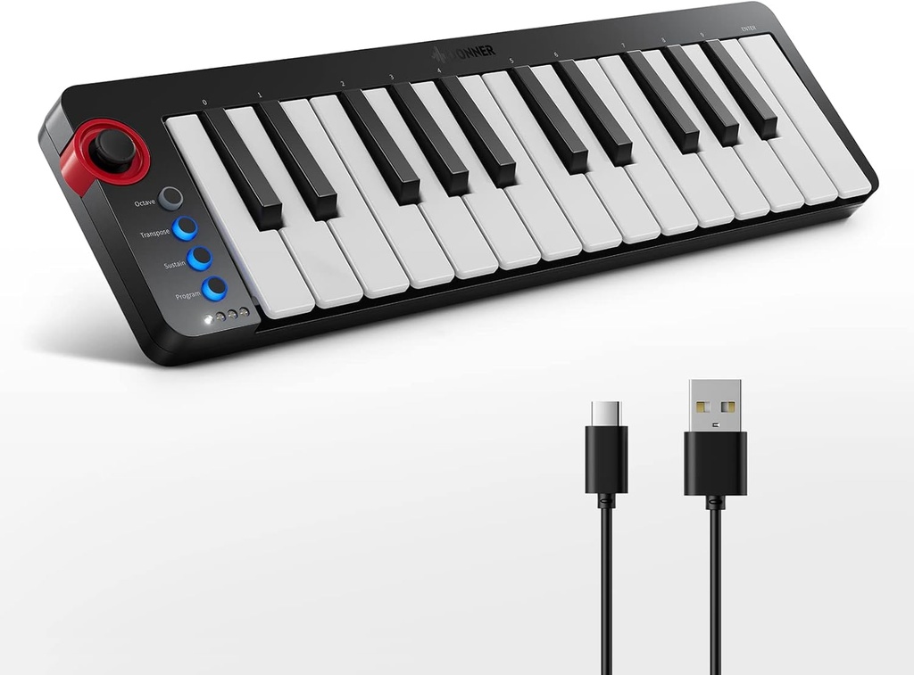Donner - Controlador de teclado MIDI USB pequeño con 25 teclas, N-25, con miniteclas sensibles a la velocidad, interruptor de iluminación y software de producción de música incluido