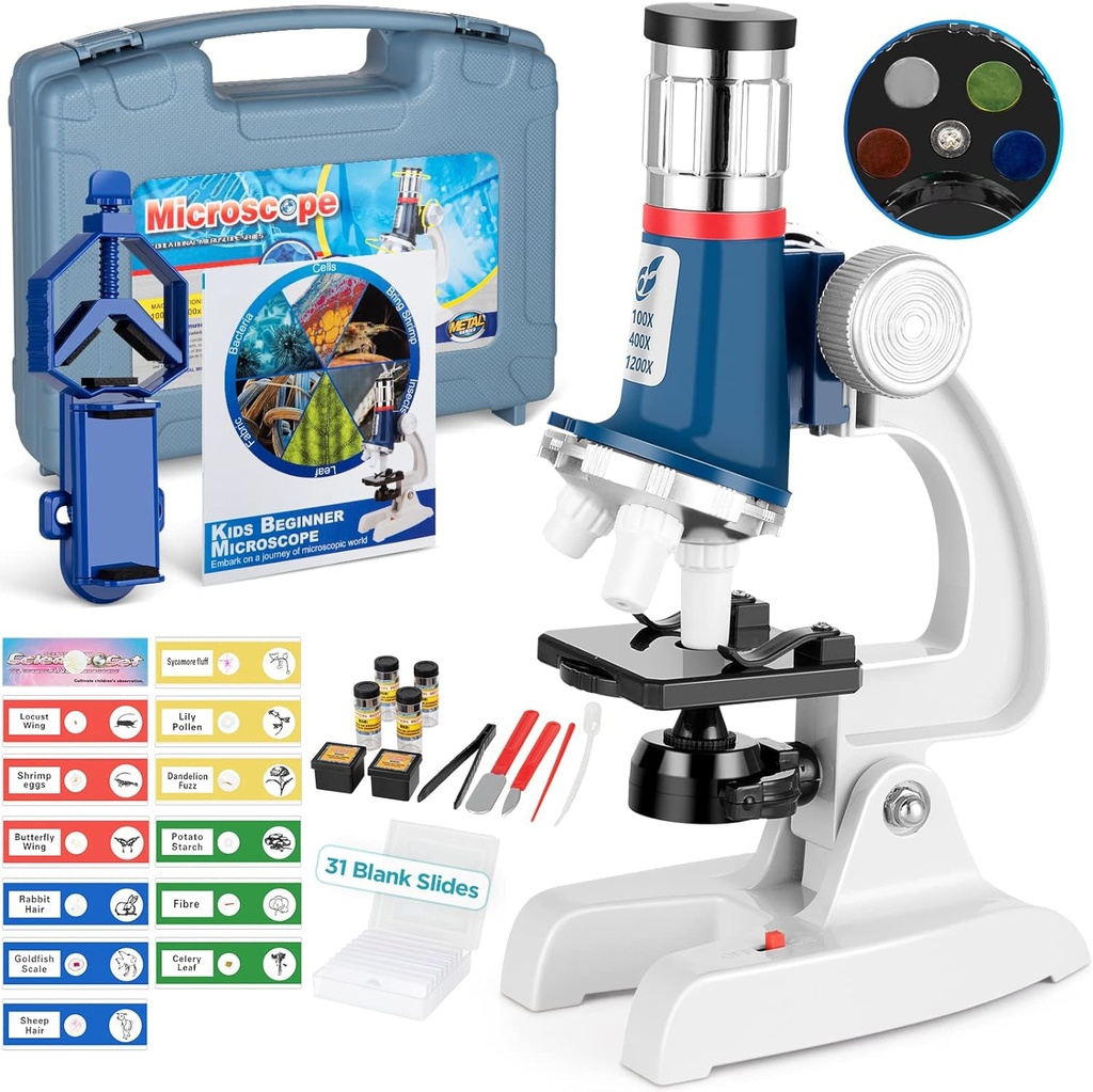 Kit de microscopio para niños de 58 piezas, aumento de 100X-1200X, cuerpo de metal, luz LED, caja de transporte, juguete de experimento científico para niños de 5 a 12 años 