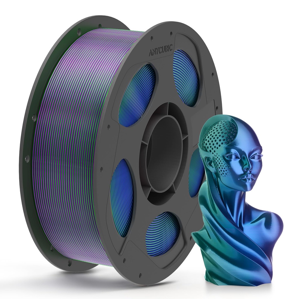 ANYCUBIC Seda Tri Color Pla Filamento, 3-en-1 Coextrusión de Cromo Cambio de Color Filamento para Impresora 3D 1.75mm Precisión Dimensional +/- 0.02mm, Textura Seda, Carrete Reutilizable de 1KG (2.2 