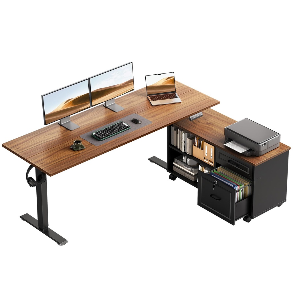 Escritorio eléctrico de pie en forma de L de 55 pulgadas con cajones y juegos de archivadores, escritorio ejecutivo para computadora de oficina en casa, escritura, estación de trabajo, nogal + negro 
