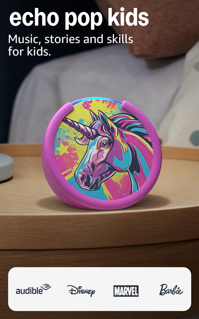 Amazon Echo Pop Kids (modelo más reciente), Disfruta audiolibros apropiados para su edad, juegos interactivos y experiencias Alexa+ para crear y aprender, diseño Unicorn 