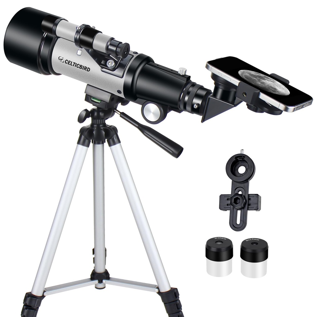 Telescopio para niños principiantes, apertura de 70 mm, telescopio refractor astronómico de 400 mm para adultos estudiantes - Telescopios de viaje con trípode, adaptador para teléfono (Plata) 