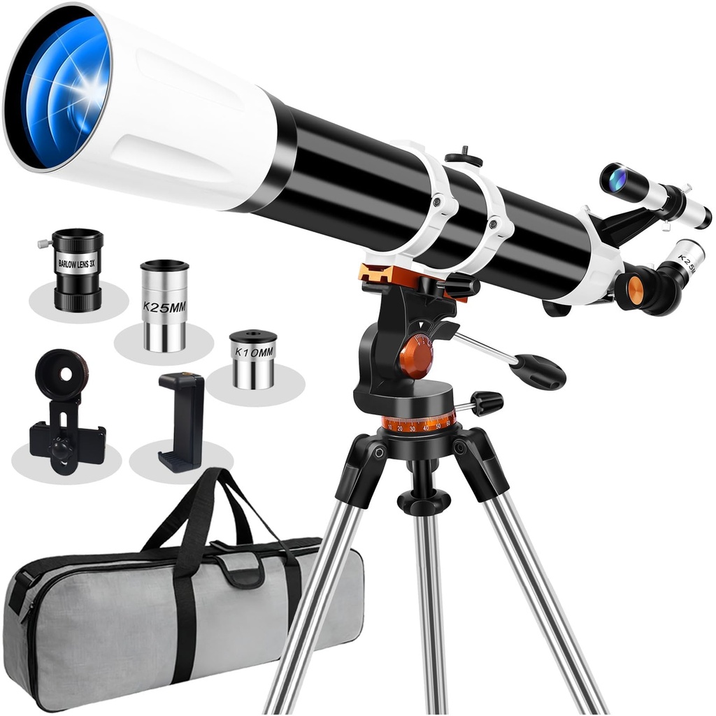 Telescopio para adultos de alta potencia de 3.543 in de apertura, 31.496 in, telescopios refractores para principiantes de astronomía con trípode de montaje AZ, adaptador de teléfono, bolsa de 