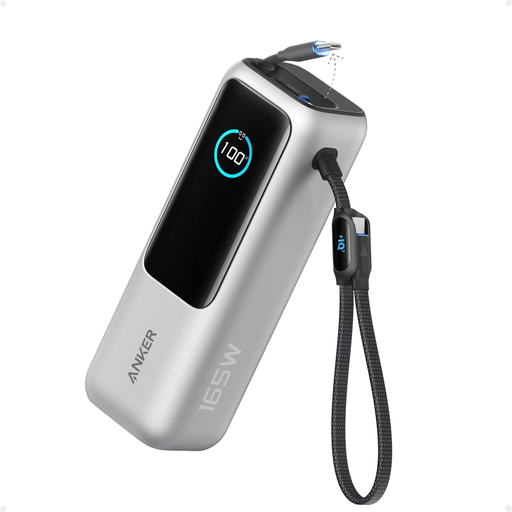 Anker Banco de energía para laptop, cargador portátil de 25,000 mAh con puertos USB-C triples de 100 W, cables integrados y retráctiles, para iPhone serie 16/15, MacBook, Samsung