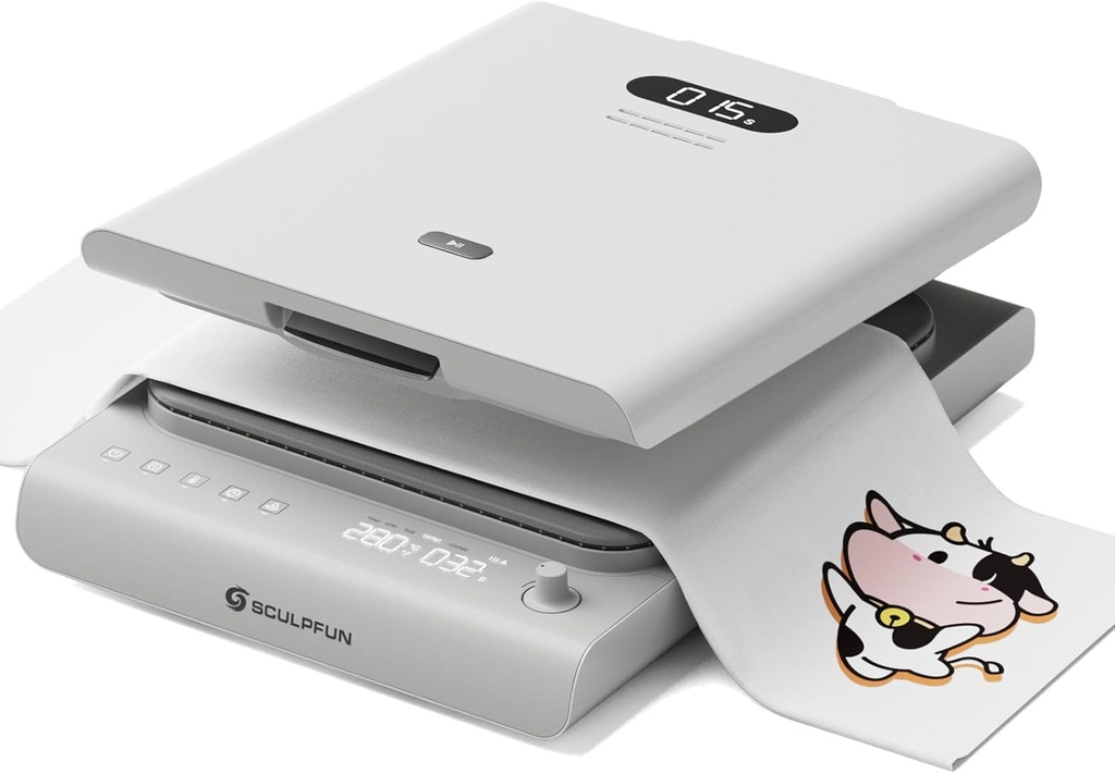 SCULPFUN H1 Máquina de prensa térmica automática para camisetas, 3 niveles de presión ascendente ajustable de hasta 176 libras, placa calefactora de 15 x 15 pulgadas, transferencia de calor para DTF, sublimación, vinilo, control de temperatura, panel táctil  