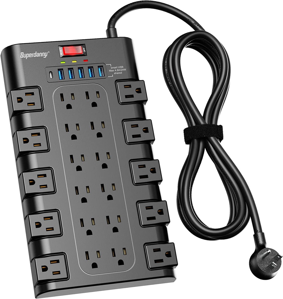 Regleta Power Strip, SUPERDANNY Surge Protector with 22 AC Outlets and 6 USB Charging Ports, 1875W/15A, 2100 Joules, 6.5Ft Flat