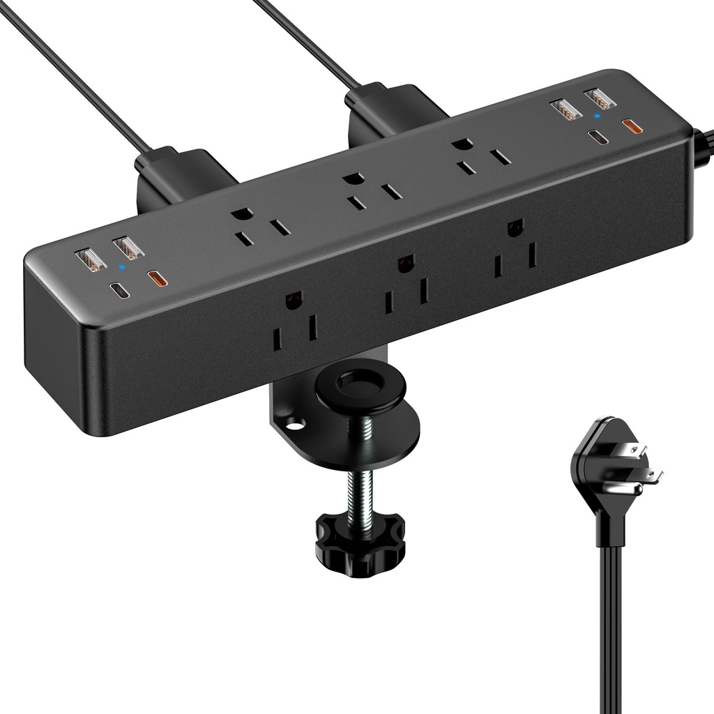 ACOZVIN - Regleta de alimentación con abrazadera de escritorio 17 en 1 con estación de carga rápida de 40 W, enchufe plano de 10 pies 1200J, 9 salidas de CA, 8 puertos USB (4 USB C), toma de