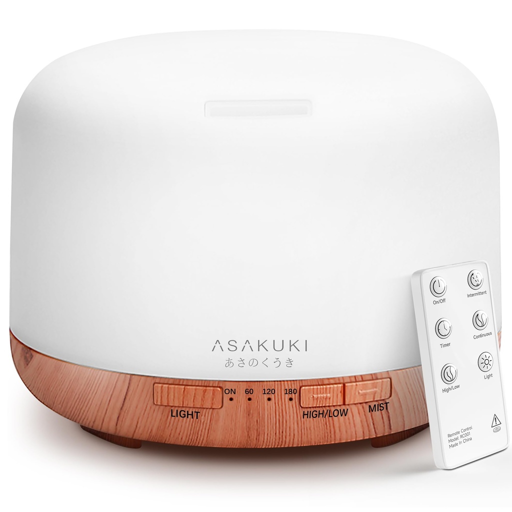ASAKUKI - Difusor de aceites esenciales con control remoto, vaporizador humidificador ultrasónico, para aromaterapia, temporizador e interruptor de seguridad de apagado automático, marrón, 16.9 fl oz