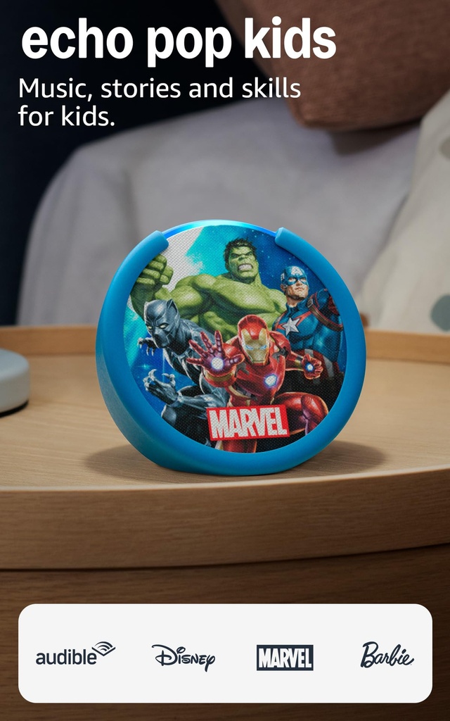 Amazon Echo Pop Kids (modelo más reciente), Creado para niños y con control parental, Avengers de Marvel