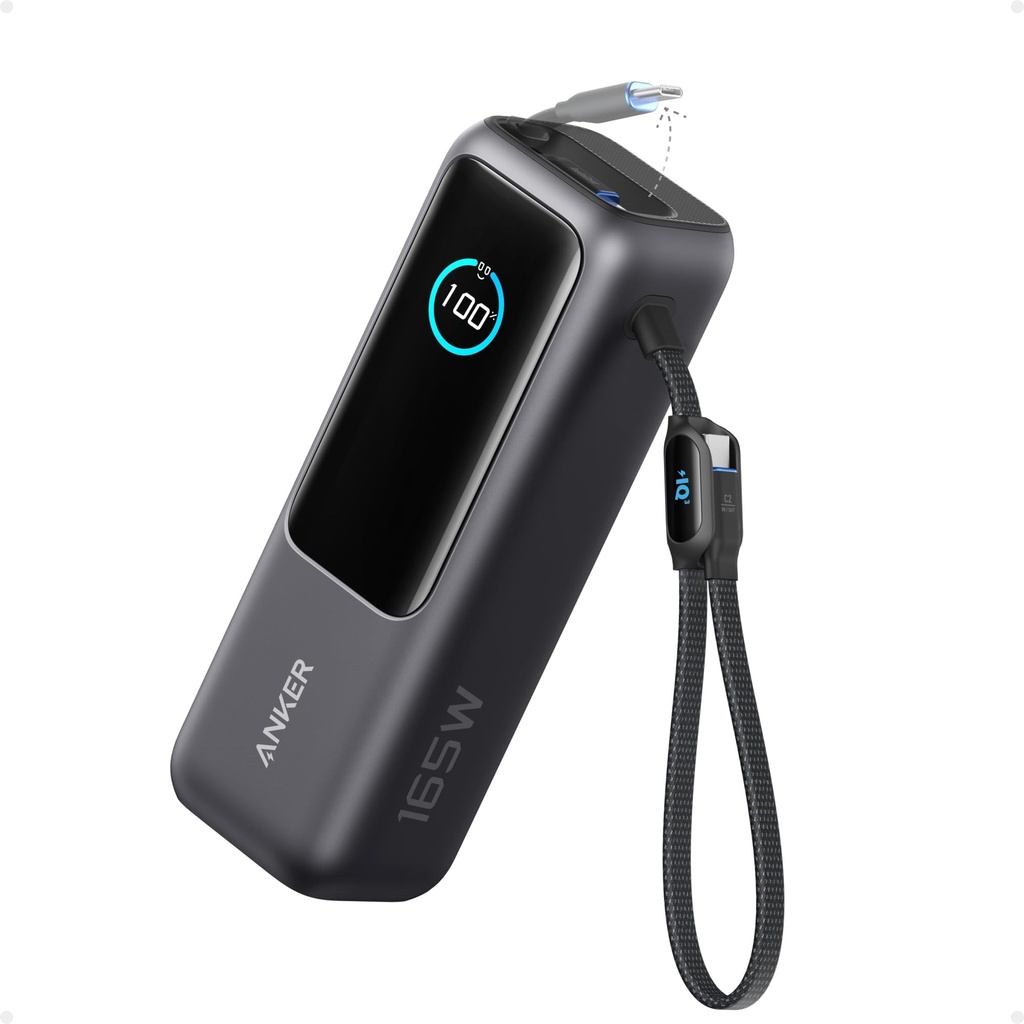 Anker Banco de energía para laptop, cargador portátil de 25,000 mAh con puertos USB-C triples de 100 W, cables integrados y retráctiles, para iPhone serie 16/15, MacBook, Samsung